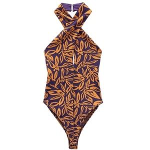 NWT ZARA Orange And Purple Jacquard Halter Bodysuit